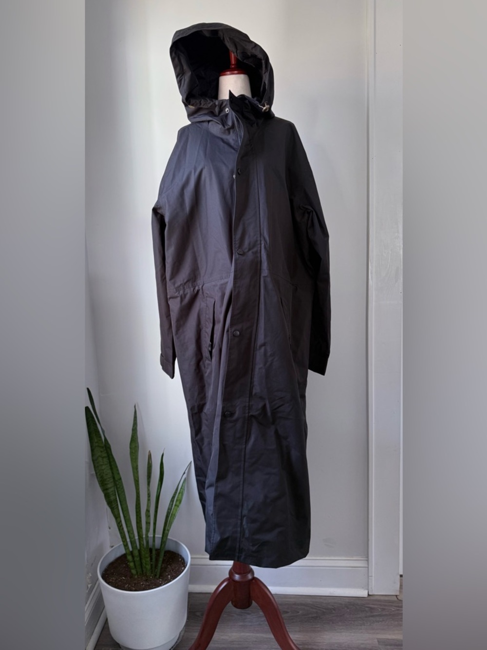 Men's Long Black Hooded Raincoat - Lightweight Jacket Duster